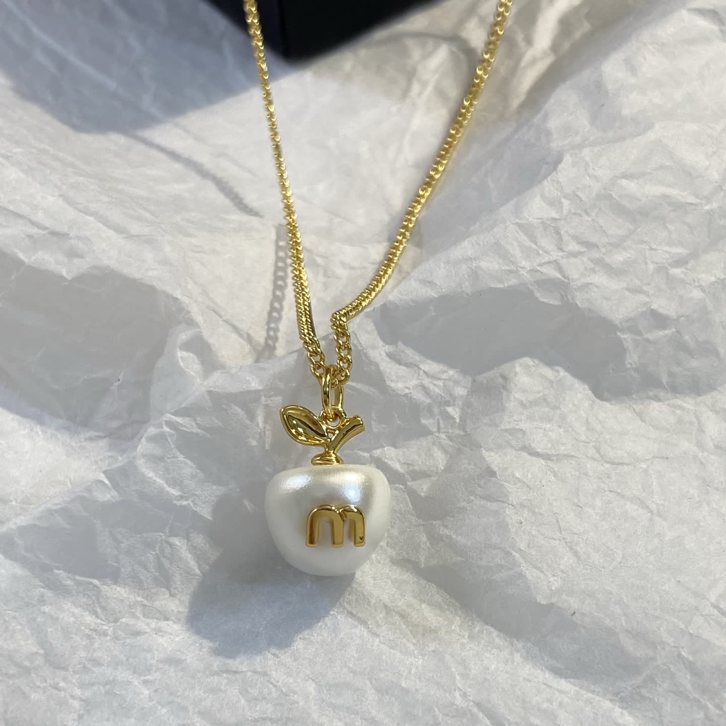Miu Miu Gold Apple Pearl Pendant Necklace
